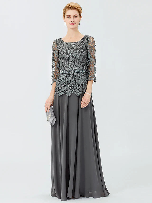 Wholesale Ball Gown A-Line Mother of the Bride Dress Formal Classic & Timeless Elegant & Luxurious Elegant Scoop Neck Floor Length Chiffon Corded Lace 3/4 Length Sleeve with Sashes / Ribbons Beading